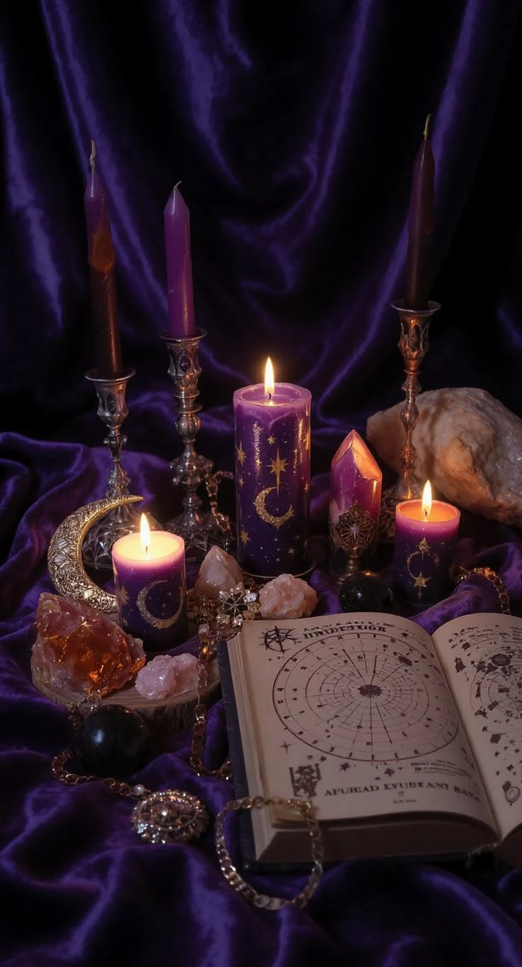 Sacred altar with candles and grimoire