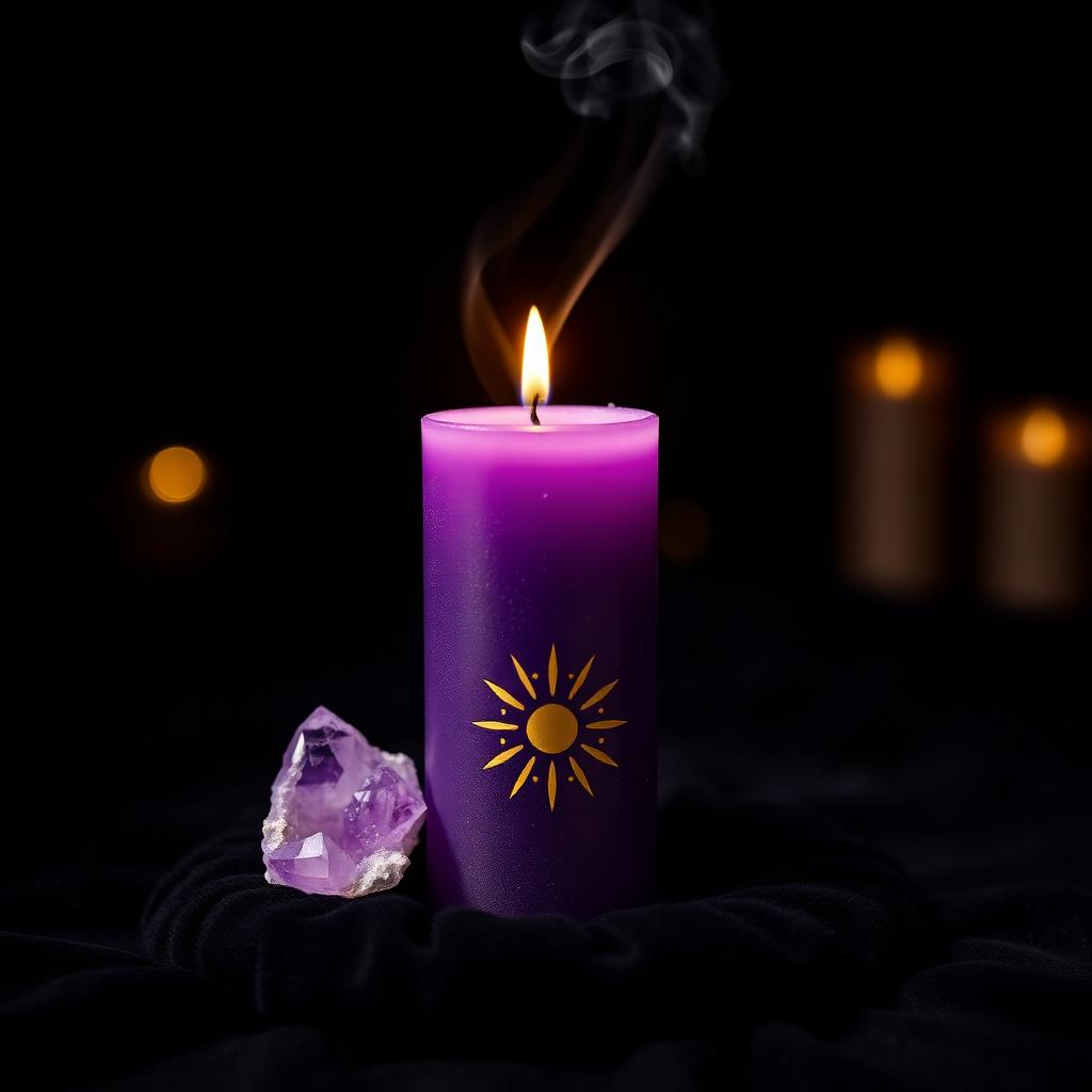 A single lit purple candle with sun sigil