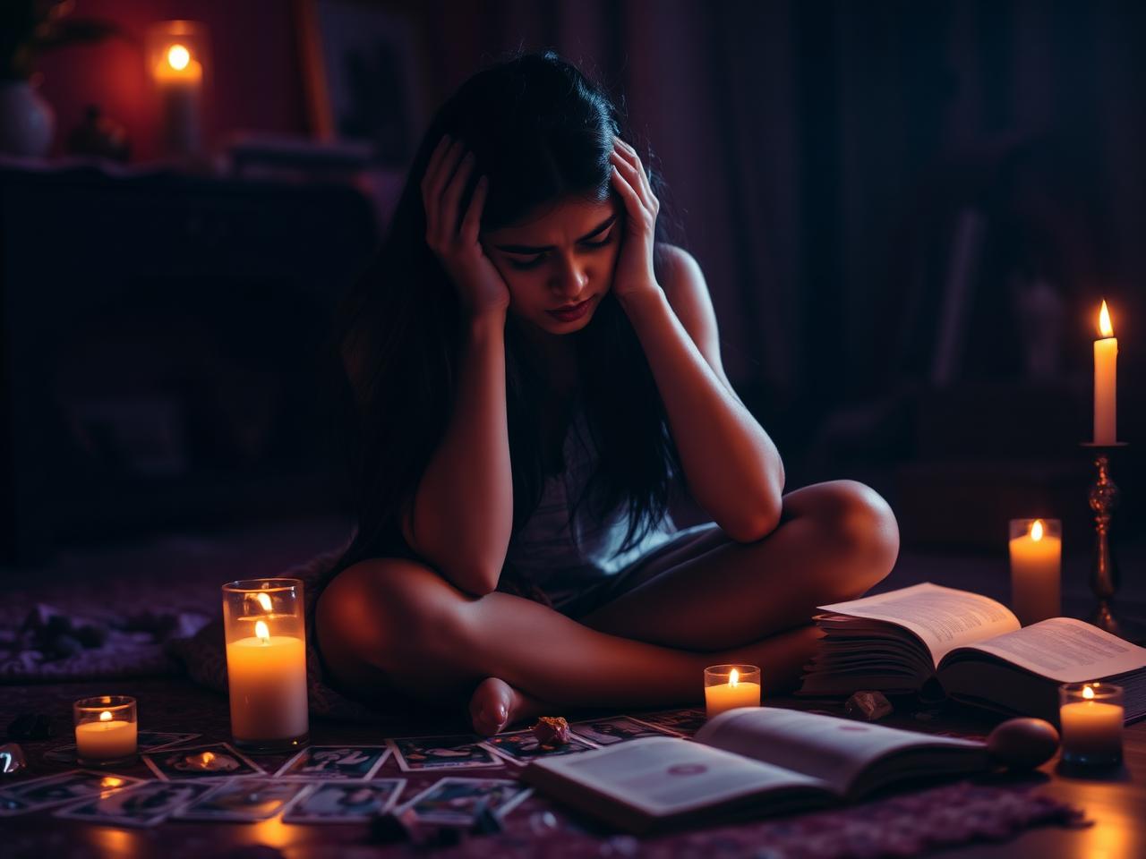 Overwhelmed woman surrounded by scattered rituals
